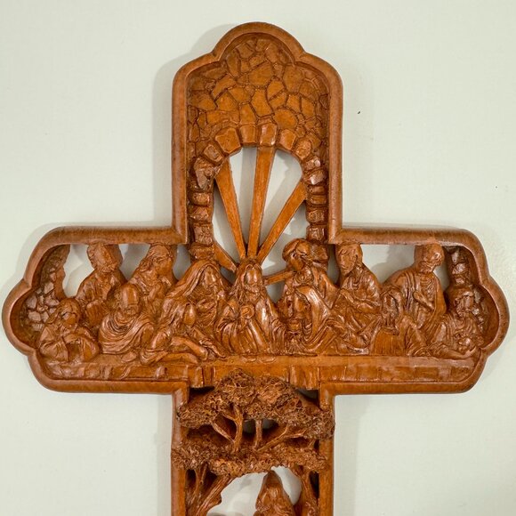 Cross Last Supper Carved Detail Wall Hanging Christian Religion Jesus 11" x 6.5" - Picture 4 of 6